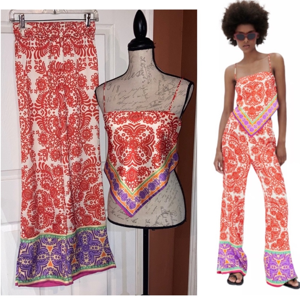Zara Handkerchief Crop Top Matching Bottoms Pants Set sz XS